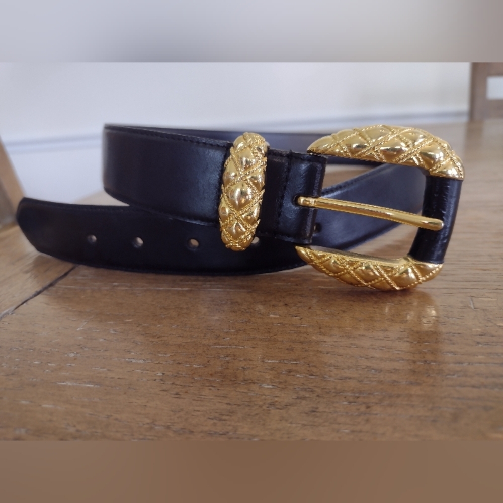 Vintage 90s Cipriani Black Leather Gold Buckle Belt